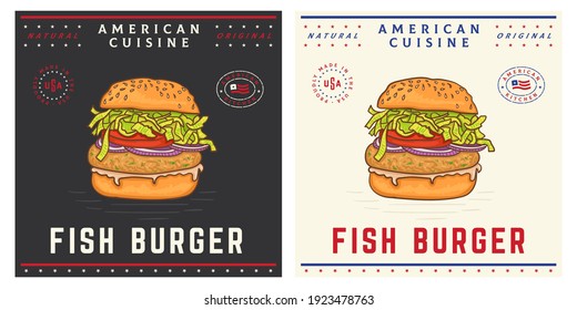 Fish Burger Sandwich Menu Cartoon Illustration