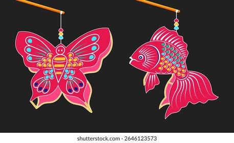 Fish, butterfly lantern, Mid-Autumn Festival, traditional Vietnamese handcraft lantern, moon festival clip art. Vector illustration, 3D art. Cartoon style.