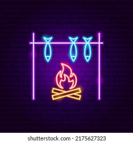 Fish Campfire Neon Sign. Vector Illustration of Fire Promotion.