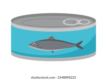 Os peixes podem cartoon ícone de vetor. Atum, sardinhas ou biqueirão bem preservados e conservados em forma redonda de alumínio estanho, ilustração de desenhos animados. Frutos do mar enlatados.