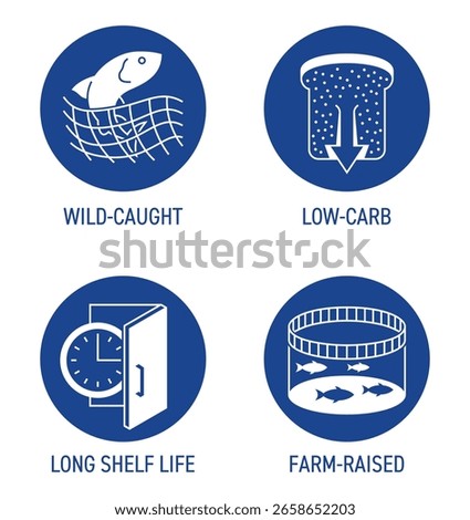Fish can icons set - Low-carb, Wild-caught, Farm-raised, Long shell life. Pictograms for labeling in circle shape