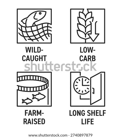 Fish can icons set - Low-carb, Wild-caught, Farm-raised, Long shell life. Pictograms for labeling in square shape