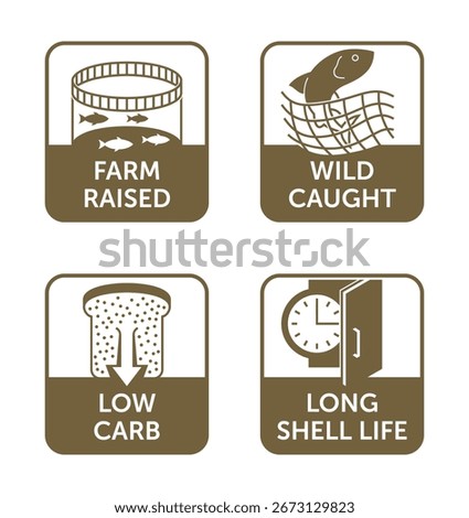 Fish can labeling icons set - Low-carb, Wild-caught, Farm-raised, Long shell life. In rectangular shape
