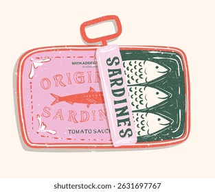 Fish in canned. Sardines fish artwork for t shirt print, poster, sticker and other uses.  Seafood t shirt design. Sardines love club. 