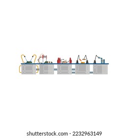 Ilustración de caricatura del proceso de enlatado de peces. Pescado enlatado, producción de mariscos. Pesca, industria marina, transporte, concepto de fábrica