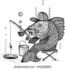 A fish with a cap and a smoking pipe is fishing with a fishing rod, vector illustration. Drawing with an ink pen and pencil. A collection of fish.