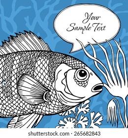 Fish, Card with frame for text, Blue
