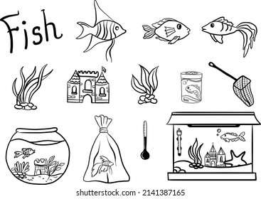 Fish care hand drawn set. Pet shop 