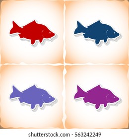 Fish carp. Flat sticker with shadow on old paper. Vector illustration