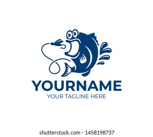 Fish cartoon character and baited fishing gear, logo design. Seafood and fishing, animal and underwater life, vector design and illustration