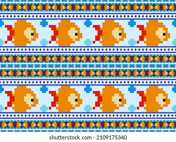 Fish cartoon character seamless pattern on blue background.Pixel style