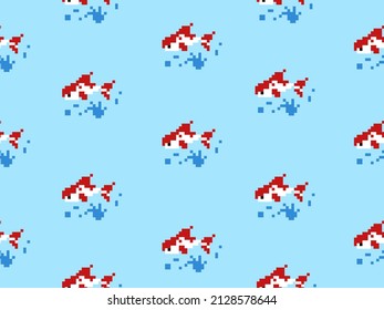Fish cartoon character seamless pattern on blue background.Pixel style