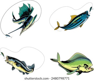 Caricaturas de peces de pesca. Ilustración Dibujada A Mano De Vector Aislada Sobre Fondo Transparente