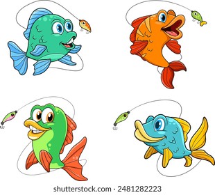Personajes de dibujos animados Pesca. Vector Dibujado A Mano Conjunto De Colección Aislado Sobre Fondo Transparente