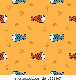 Fish cartoon so cute. On coral bubbles crab yellow background. Pattern seamless vector illustration. 