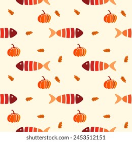 Fish cartoon so cute. On pumpkin leaf background. Welcome autumn. Pattern seamless vector illustration. 