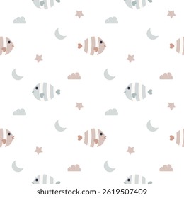 Fish cartoon so cute. On star cloud moon white background. Pattern seamless vector illustration. 