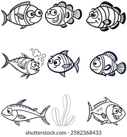 Fish cartoon icon bundle line art silhouette vector 