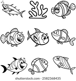 Fish cartoon icon bundle line art silhouette vector 