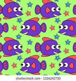 fish cartoon seamless pattern with colorful starfish