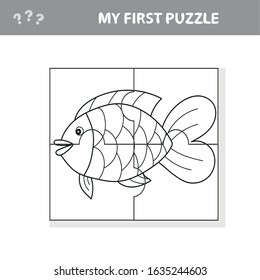 Fish in cartoon style, education game for the development of preschool children, cut parts of the image - coloring book - my first puzzle