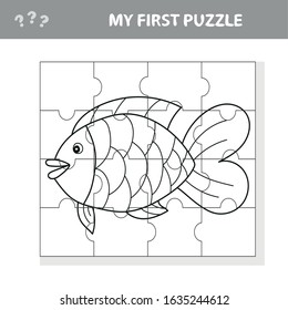 Fish in cartoon style, education game for the development of preschool children, cut parts of the image - coloring book - my first puzzle