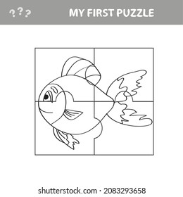 Fish in cartoon style, education game for the development of preschool children, cut parts of the image - my first puzzle. Coloring page