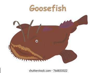 Fish cartoon vector illustration goosefish for kids, icon, t shirt design and other uses with aquatic animal isolated on white background, different types fish for education