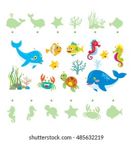 fish cartoon vector set for story book or child learning book to matching fish picture with them shadow 