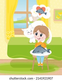 Fish, cat y boy adorables dibujos animados para niños. Escena infantil para libros, postal 