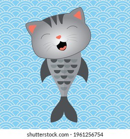 Fish Cat, cartoon character illustration, Idea design for logo, card, Background.