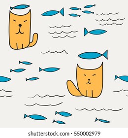 fish and cat doodle seamless on a light background. seamless pattern with yellow cat