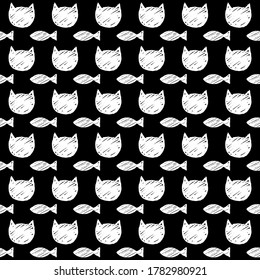Fish and Cat monochrome pattern. Vector seamless endlessly repeating print. Hand-drawn images of cat and fish silhouettes