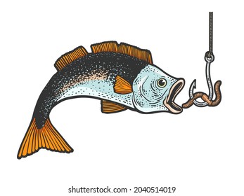 lombriz de cebo de captura de peces en el boceto de color de pesca de ganchos grabando ilustración vectorial. Diseño de impresión de ropa de camiseta. Imitación de tablero de raquetas. Imagen dibujada a mano en blanco y negro.