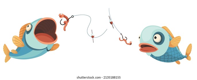 Fish catch. Cartoon fish catching the fishing lure. Jumping to catch a bait. Sports hobby. Fishing or hunting on worm vector illustration