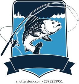 Fish catch and fishing rod on shield design. Fishing competition sign