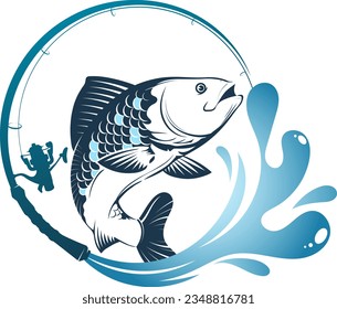 Fish catch and fishing rod with splashes of water. Design for fishing