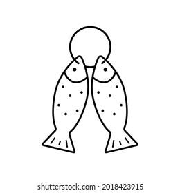 Fish catch icon. Logo illustration. Fishing, active recreation on the sea, river. Black outline icon isolated on a white background. For web design, mobile. 