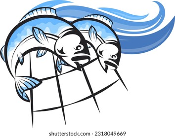 Fish catch in nets and blue wave
