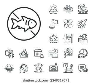 Fish catching forbidden sign. Plane jet, travel map and baggage claim outline icons. Stop fishing line icon. Prohibited symbol. Stop fishing line sign. Car rental, taxi transport icon. Vector