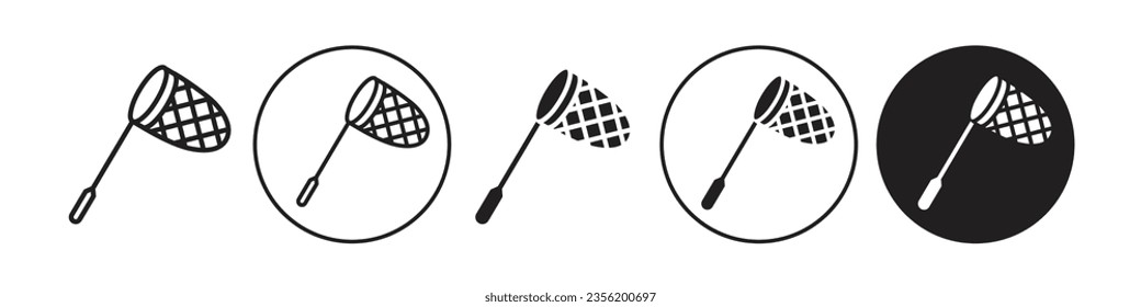 Fish Catching net icon. Pool cleaning trap to catch insect and fly collector symbol. Vector set of fishing netting accessory tool for hobby sport lover. Flat outline of hunt capture net logo