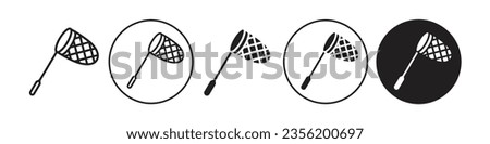 Fish Catching net icon. Pool cleaning trap to catch insect and fly collector symbol. Vector set of fishing netting accessory tool for hobby sport lover. Flat outline of hunt capture net logo