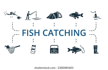 Pescado capturado. Iconos creativos: pesca con palangre, pescador, carpa, pescado, flote, red de desembarque, silla plegable, bolsa de pesca, pescado con anzuelo, botas de pesca.