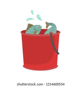 Fish caught in a bucket color vector icon. Flat design