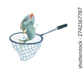 Fish Caught in Fishing Net Vector Illustration