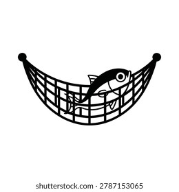 Fish caught in net silhouette black and white graphic