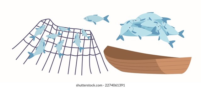 Fish Caught In Wooden Boat with Nets Isolated on White Background. Concept of Fishing Industry, Marine Conservation