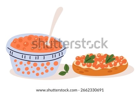 Fish caviar platter. Sandwich with bread, butter, salmon caviar and greens. Delicatessen snack. Seafood bowl. Luxury appetizer. Restaurant food. Delicious lunch. Salty gourmet product. Vector concept