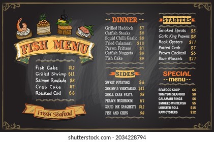 Fischkreide-Menü schwarze Tafel Vektorvorlage mit Abendessen, Vorspeisen, Seiten und Spezialmenü