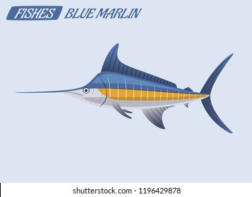 Fish character. Cartoon vector illustration. Blue marlin. Fishing or food concept